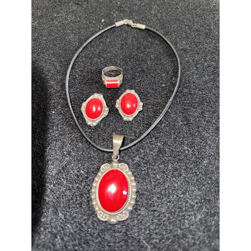 Vintage Taxco Mexico 925 Sterling Silver Red Jasper Set Necklace Ring Earrings
